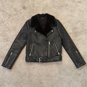 Topshop Faux Leather Moto Jacket with Faux fur Collar